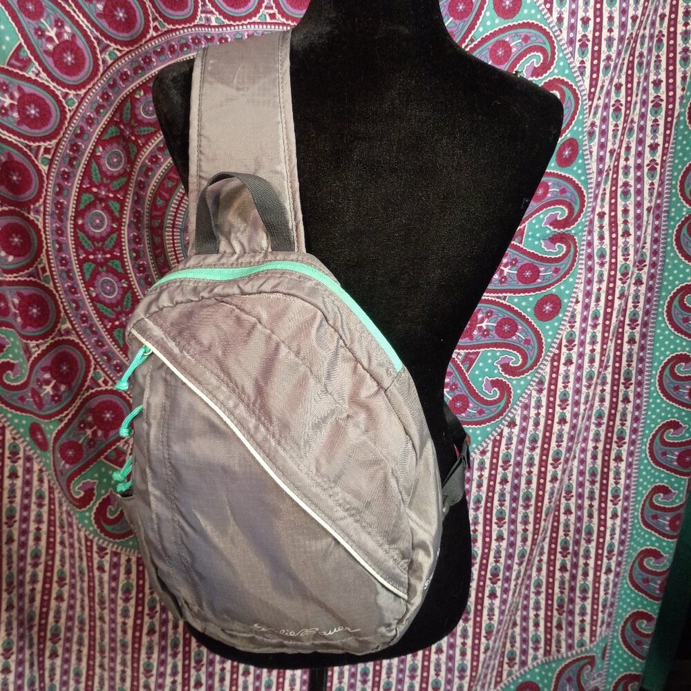 EDDIE BAUER Packable Stowaway 10L Sling Pack--Gray/Turquoise Nylon--Leightweight
